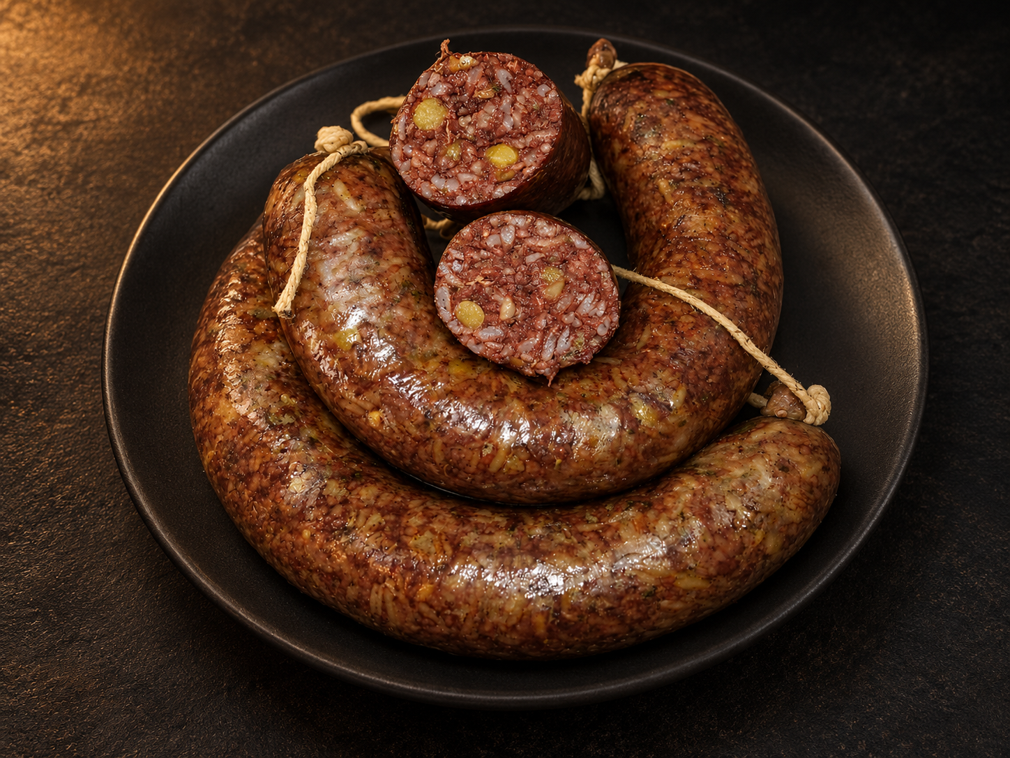 Morcilla enroscada en un plato oscuro, con dos rodajas cortadas que muestran el relleno.